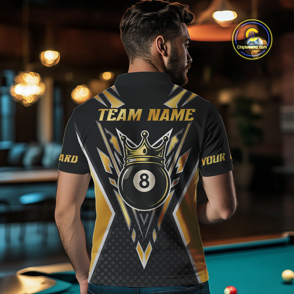 Customized 8 Ball Pool Crown Men Billiard Shirts, Gold And Black Billiard Team Shirts, Pool Jersey TDM4078