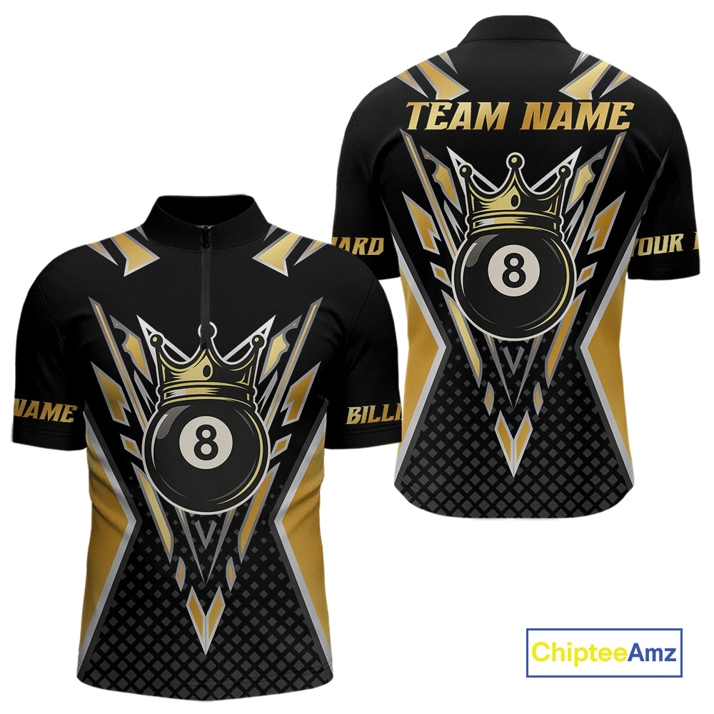 Customized 8 Ball Pool Crown Men Billiard Shirts, Gold And Black Billiard Team Shirts, Pool Jersey TDM4078