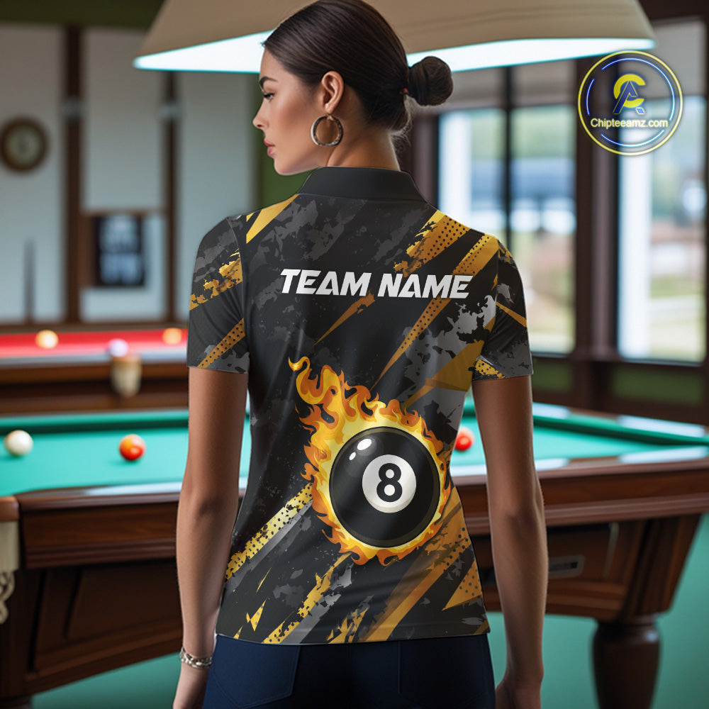 Gold Black Grunge Flame 8 Ball Billiard Shirts For Women Custom Pool Team Jersey Polo & 1/4 Zip TDM6619