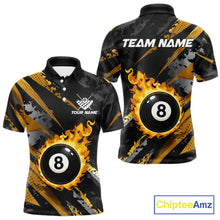 Load image into Gallery viewer, Black and gold billiard polo shirt for men with flaming 8-ball design and customizable team name and player name details.