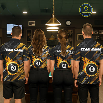 Gold Black Grunge Flame 8 Ball Billiard Shirts For Women Custom Pool Team Jersey Polo & 1/4 Zip TDM6619