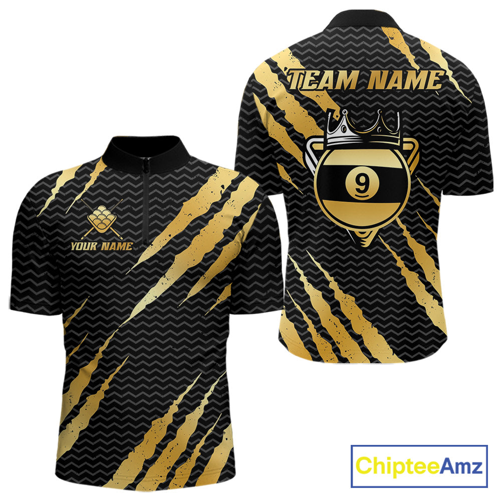 Black and gold billiard quarter zip shirt with 'Team Name' and 'Your Name' text, featuring a crown 9-ball design.