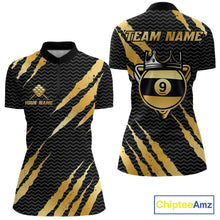 Load image into Gallery viewer, Black and gold billiard quarter zip shirt with 'Team Name' and 'Your Name' text, featuring a crown 9-ball design.