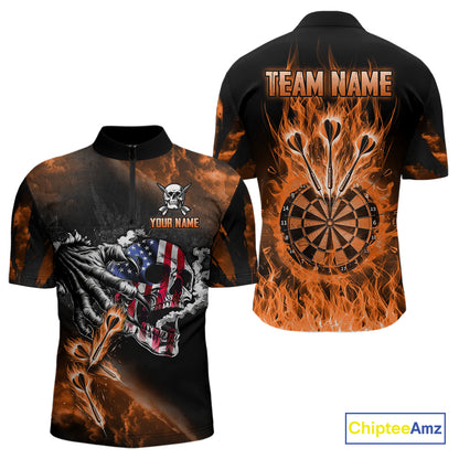 Fire Flame Darts Board American Flag Skull Dart Shirts For Men Custom Darts Team Jerseys |Orange TDM4267