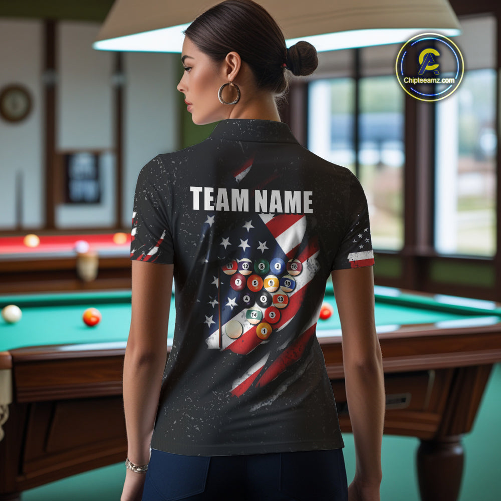 Personalized American Flag Black Grunge Billiard Shirt For Women, Patriotic 8 Ball Pool Team Jersey TDM4444