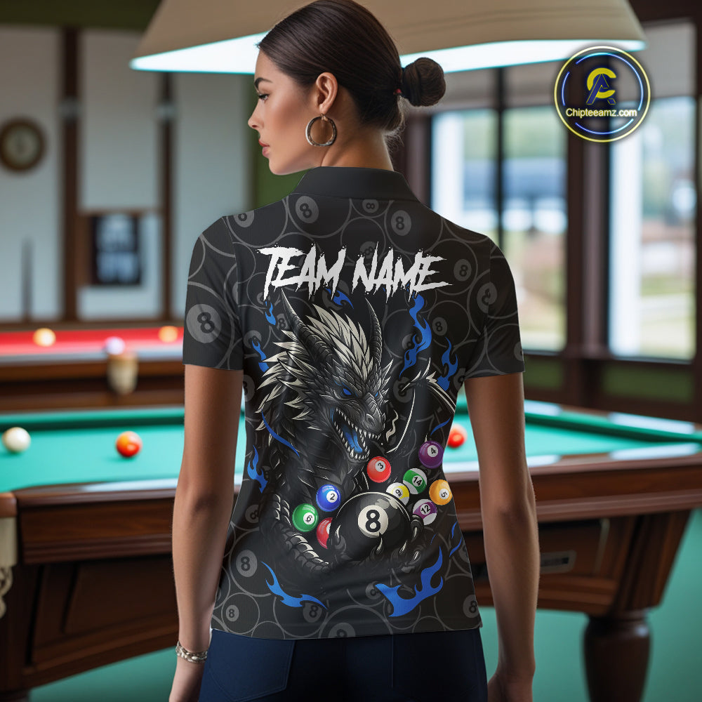 Personalized 8 Ball Dragon Billiard Shirt For Women, Billiard Team Jersey Polo & 1/4 Zip |Blue TDM5110