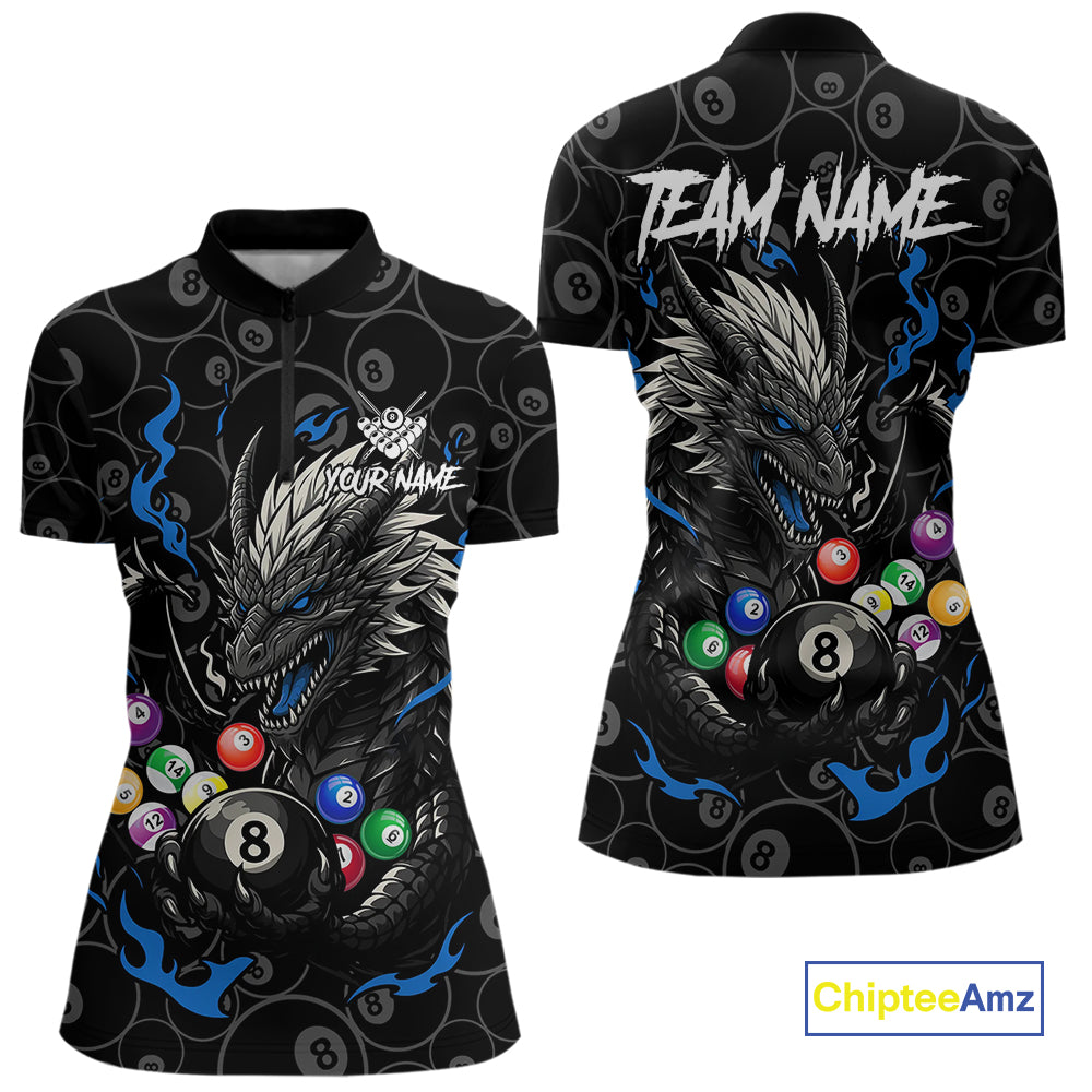 Personalized 8 Ball Dragon Billiard Shirt For Women, Billiard Team Jersey Polo & 1/4 Zip |Blue TDM5110