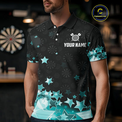 Funny Custom Dart Shirt For Men, Turquoise Black Glowing Star Pattern Darts Polo & Quarter Zip TDM5325