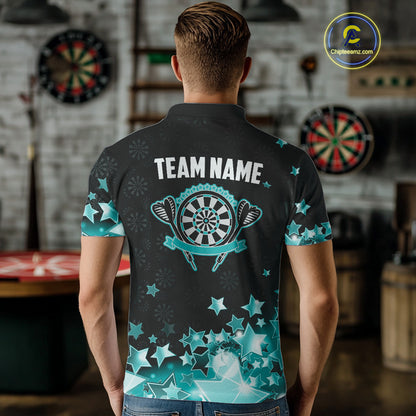 Funny Custom Dart Shirt For Men, Turquoise Black Glowing Star Pattern Darts Polo & Quarter Zip TDM5325
