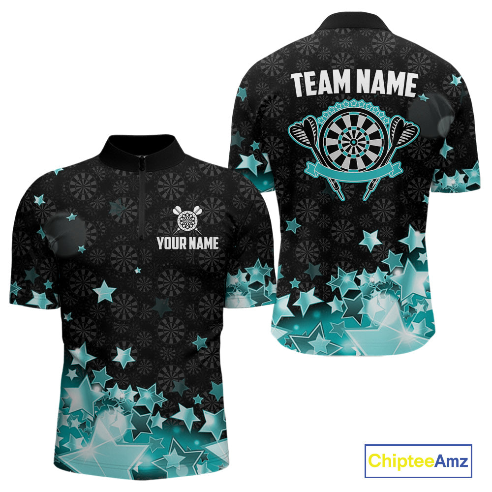 Funny Custom Dart Shirt For Men, Turquoise Black Glowing Star Pattern Darts Polo & Quarter Zip TDM5325