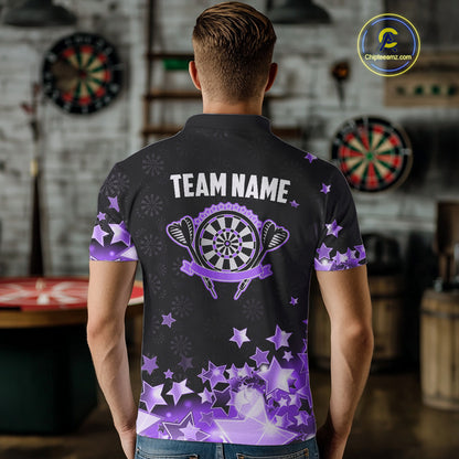 Funny Custom Dart Shirt For Men, Black And Purple Glowing Star Pattern Darts Polo & Quarter Zip TDM5326