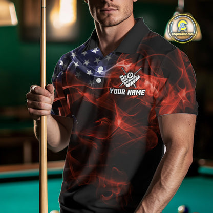 American Flag Smoke Fire 8 Ball Pool Billiard Shirt For Men Custom Patriotic Billiard Team Jersey TDM5332