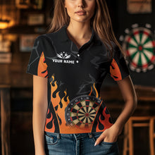 Load image into Gallery viewer, Black And Orange Flame Dart Shirt For Women Custom Dart Jersey Pocket Option TDM3806