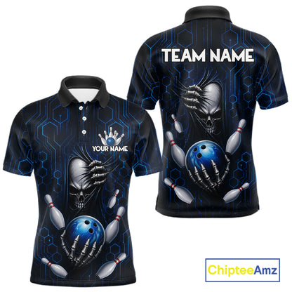 Black And Blue Custom Skull Bowling Shirt For Men, Hexagon Bowling Team Jersey Polo & 1/4 Zip TDM6425