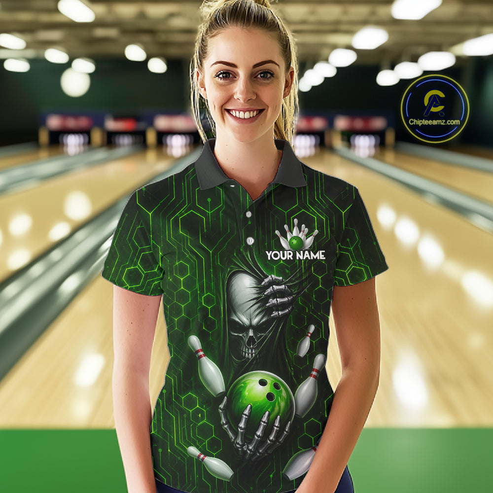 Black And Green Custom Skull Bowling Shirt For Women, Hexagon Bowling Team Jersey Polo & 1/4 Zip TDM6426