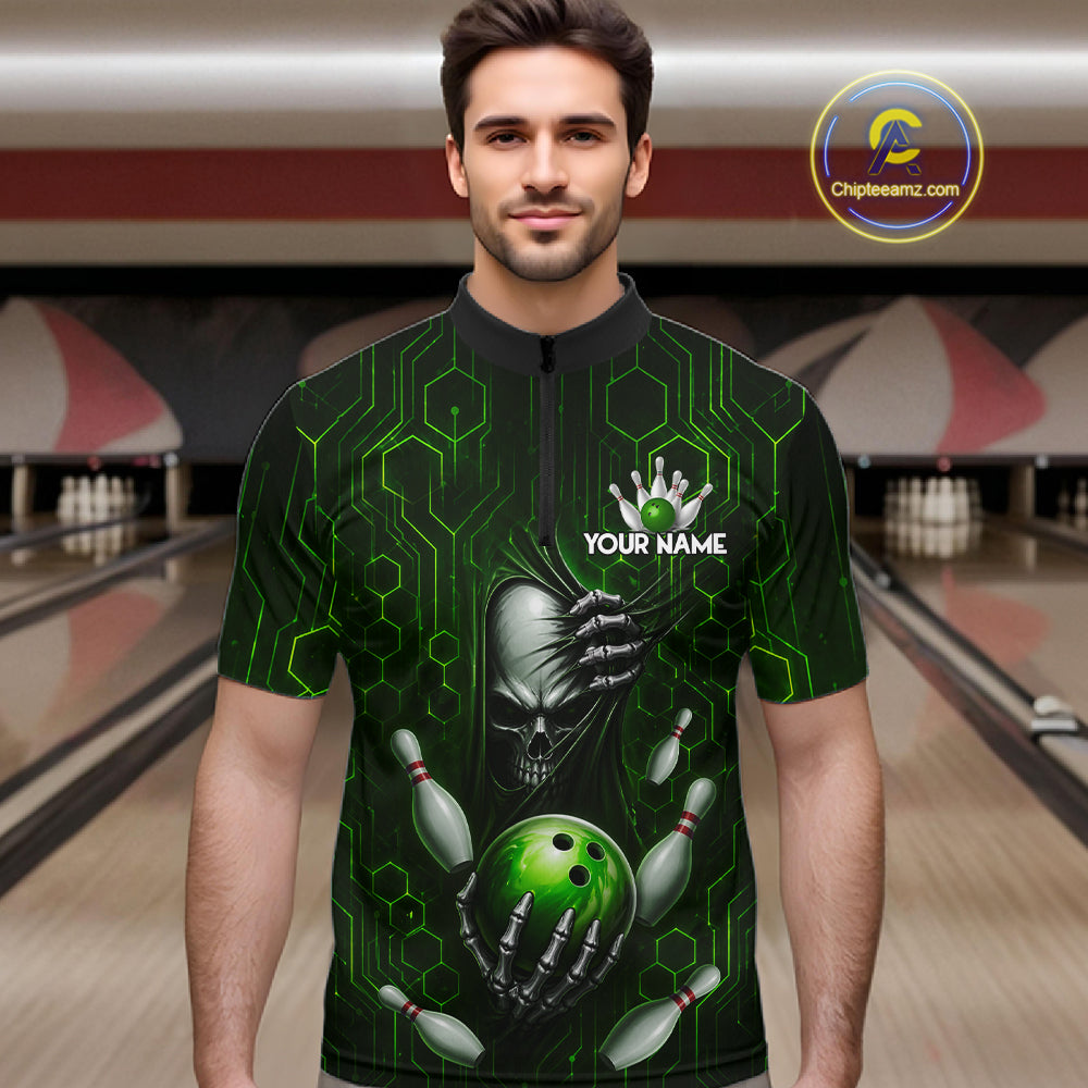 Black And Green Custom Skull Bowling Shirt For Men, Hexagon Bowling Team Jersey Polo & 1/4 Zip TDM6426