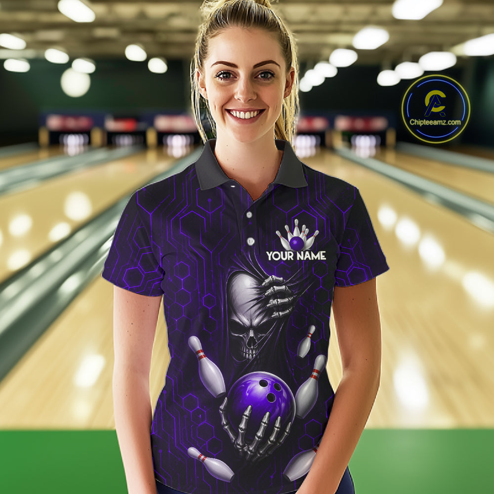 Black And Purple Custom Skull Bowling Shirt For Women, Hexagon Bowling Team Jersey Polo & 1/4 Zip TDM6427
