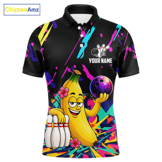 Colorful polo shirt with a cartoon banana bowling design with customizable your name and team name