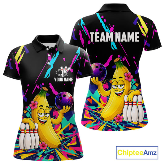 Colorful polo shirt with a cartoon banana bowling design with customizable your name and team name