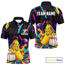 Load image into Gallery viewer, Colorful polo shirt with a cartoon banana bowling design with customizable your name and team name
