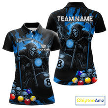 Load image into Gallery viewer, Blue flame grim reaper motorcycle 8 ball pool team polo shirt for women.