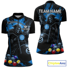Load image into Gallery viewer, Blue flame grim reaper motorcycle 8 ball quarter zip billiard shirt for women, custom pool jersey.
