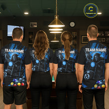 Load image into Gallery viewer, Back view of pool team wearing matching blue flame grim reaper motorcycle 8 ball billiard shirts.