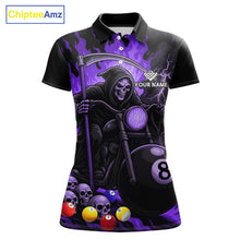 Load image into Gallery viewer, Purple flame grim reaper motorcycle 8 ball custom billiard polo shirt for women, pool team jersey.