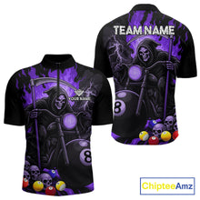 Load image into Gallery viewer, Purple flame grim reaper motorcycle 8 ball quarter zip billiard shirt for men, custom pool jersey.