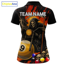 Load image into Gallery viewer, Grim reaper motorcycle 8 ball and 9 ball pool team polo shirt for women with flame graphics.