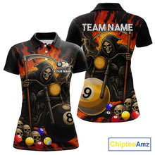 Load image into Gallery viewer, Personalized grim reaper motorcycle 8 ball and 9 ball billiard polo shirt for women, custom pool team jersey.