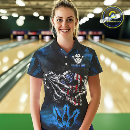 Blue Flaming American Flag Skull Bowling Shirt For Women Custom Fire Bowling Team Jersey TDM4692