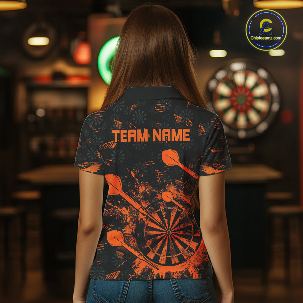 Black And Orange Grunge Darts Polo, Quarter Zip For Women Custom Dart Shirts For Team Dart Jerseys TDM4698
