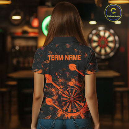 Black And Orange Grunge Darts Polo, Quarter Zip For Women Custom Dart Shirts For Team Dart Jerseys TDM4698