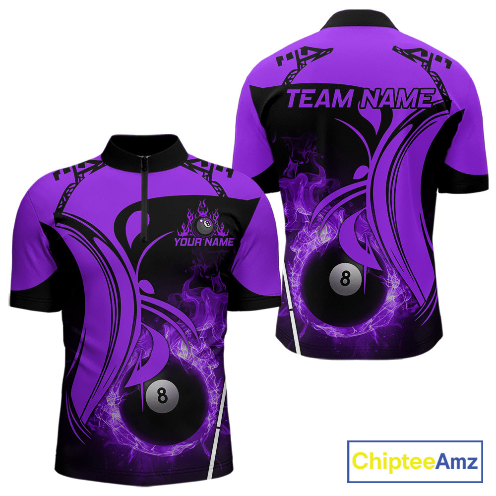 Personalized Purple 8 Ball Fire Flame Billiard Shirt For Men, Pool Team Jersey Polo & 1/4 Zip TDM5975