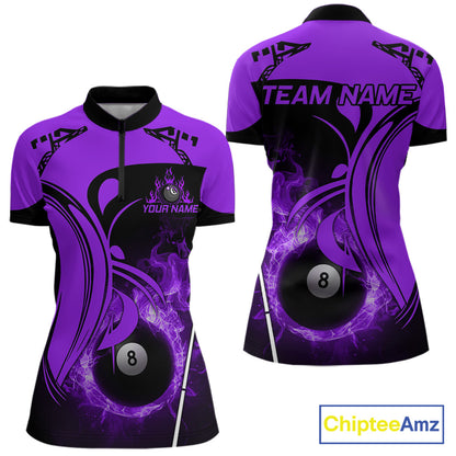 Personalized Purple 8 Ball Fire Flame Billiard Shirt For Women, Pool Team Jersey Polo & 1/4 Zip TDM5975