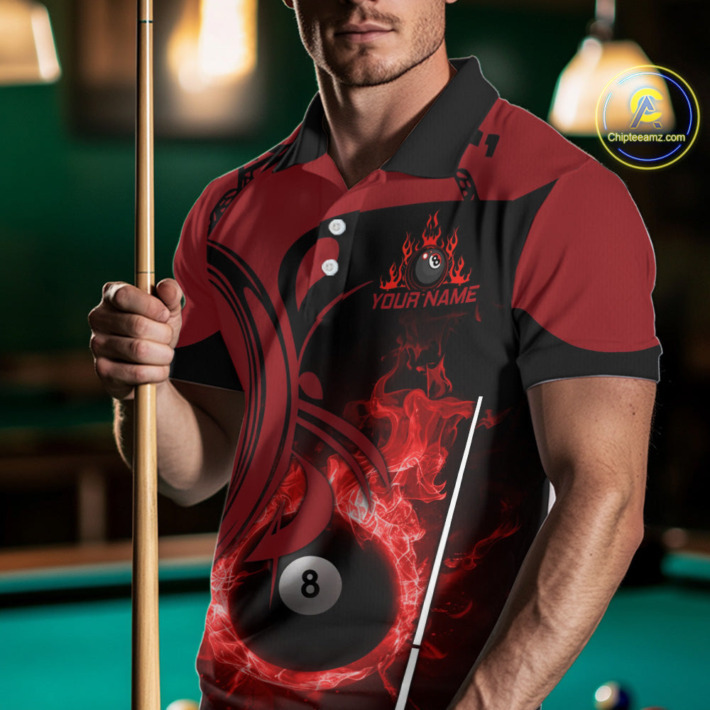 Personalized Red 8 Ball Fire Flame Billiard Shirt For Men, Pool Team Jersey Polo & 1/4 Zip TDM5976