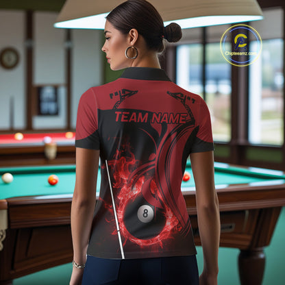 Personalized Red 8 Ball Fire Flame Billiard Shirt For Women, Pool Team Jersey Polo & 1/4 Zip TDM5976