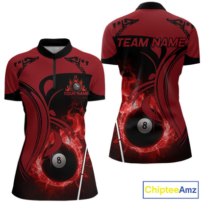 Personalized Red 8 Ball Fire Flame Billiard Shirt For Women, Pool Team Jersey Polo & 1/4 Zip TDM5976