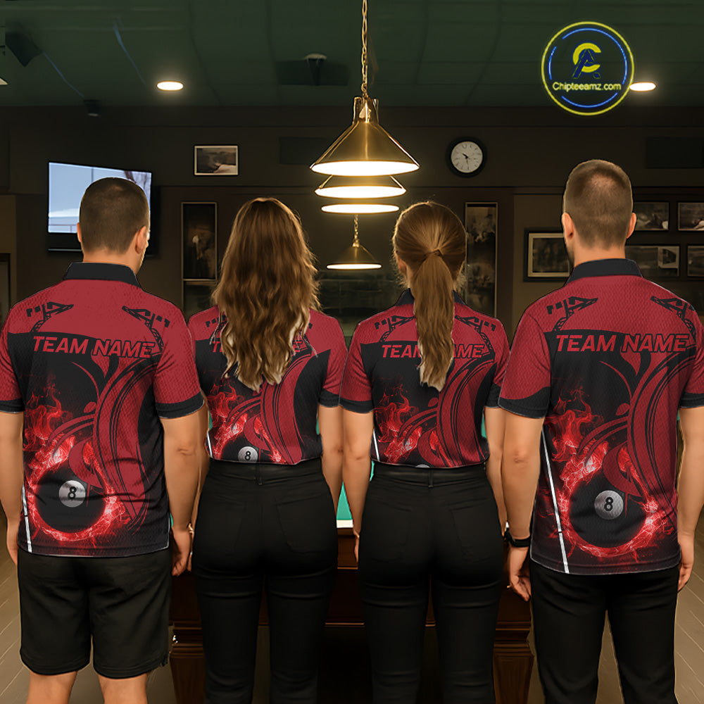 Personalized Red 8 Ball Fire Flame Billiard Shirt For Women, Pool Team Jersey Polo & 1/4 Zip TDM5976