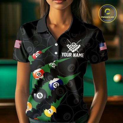 Custom Green 8 Ball Pool Scratch Billiard Shirt For Women, Black Billiard Team Jersey Polo & 1/4 Zip TDM6435