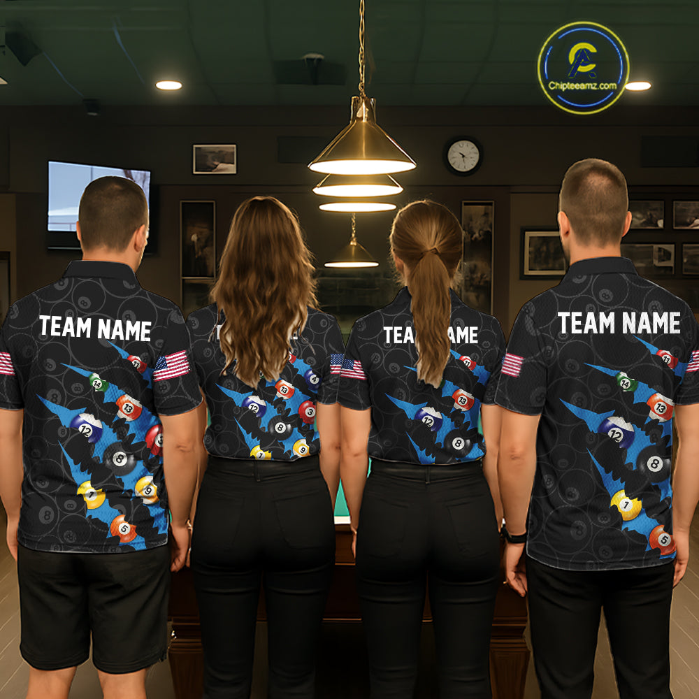 Custom Blue 8 Ball Pool Scratch Billiard Shirt For Men, Black Billiard Team Jersey Polo & 1/4 Zip TDM6436