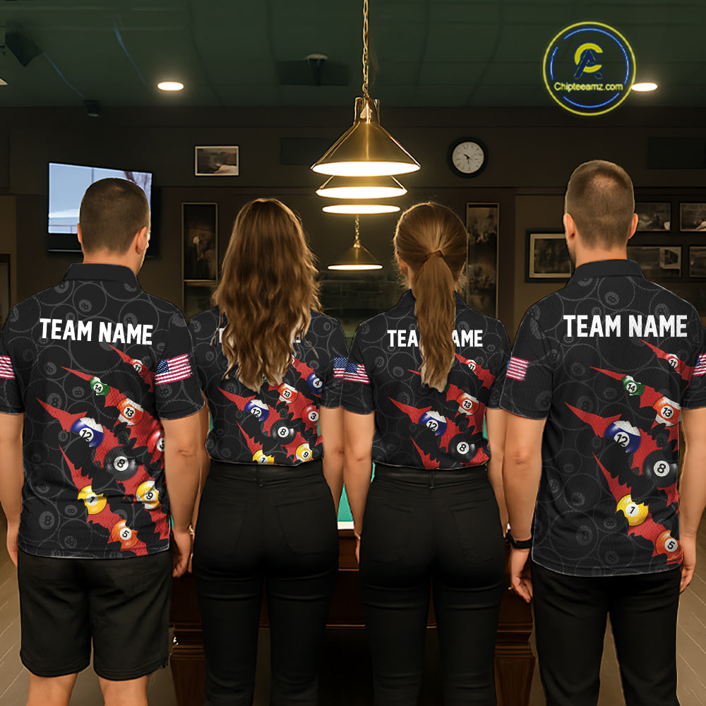 Custom Red 8 Ball Pool Scratch Billiard Shirt For Women, Black Billiard Team Jersey Polo & 1/4 Zip TDM6437