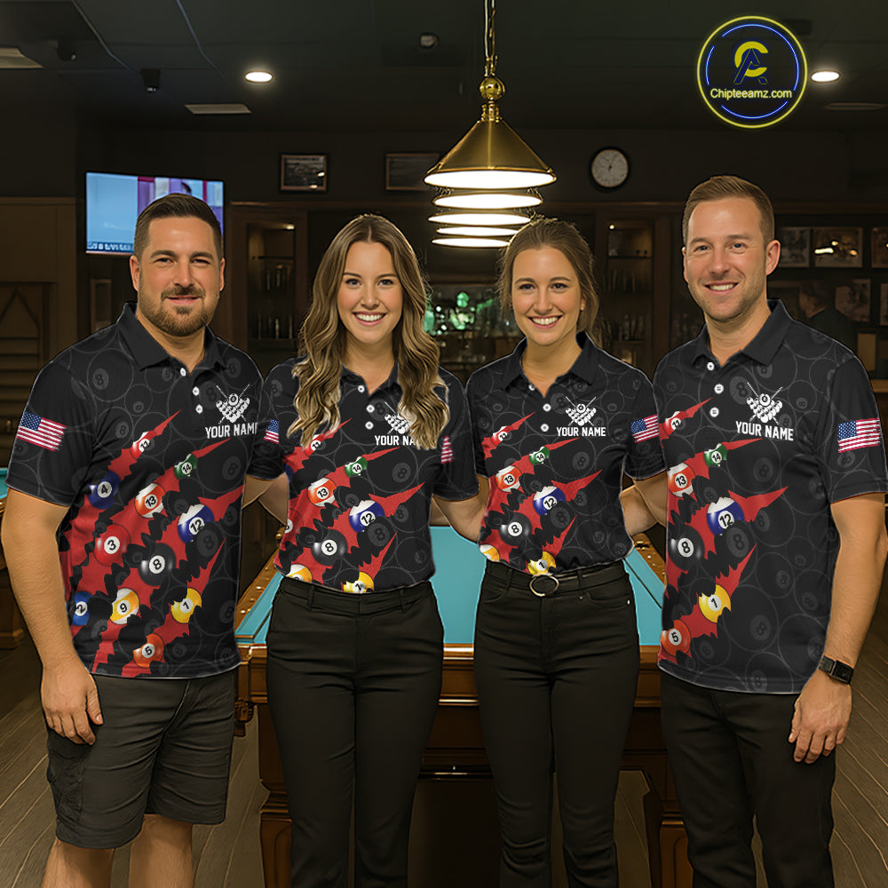 Custom Red 8 Ball Pool Scratch Billiard Shirt For Women, Black Billiard Team Jersey Polo & 1/4 Zip TDM6437
