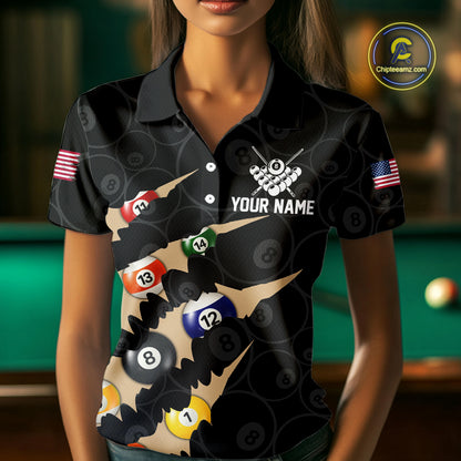 Custom Tan 8 Ball Pool Scratch Billiard Shirt For Women, Black Billiard Team Jersey Polo & 1/4 Zip TDM6438