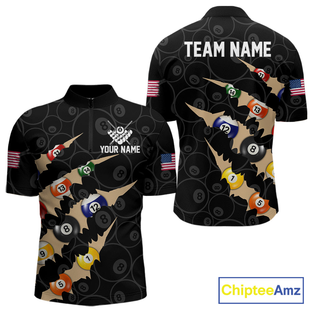 Custom Tan 8 Ball Pool Scratch Billiard Shirt For Men, Black Billiard Team Jersey Polo & 1/4 Zip TDM6438