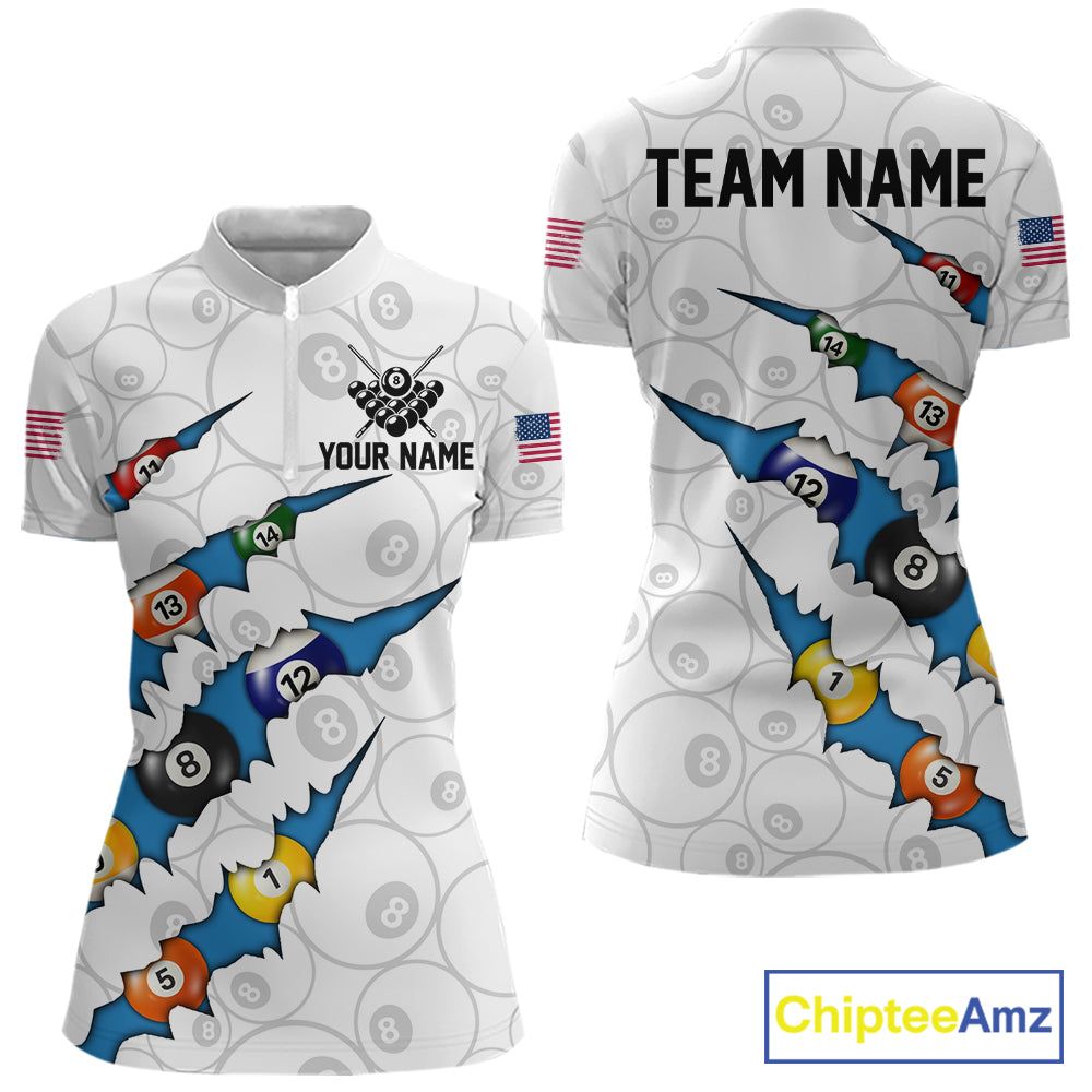 Custom Blue 8 Ball Pool Scratch Billiard Shirt For Women, White Billiard Team Jersey Polo & 1/4 Zip TDM6439