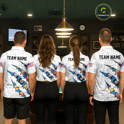 Custom Blue 8 Ball Pool Scratch Billiard Shirt For Men, White Billiard Team Jersey Polo & 1/4 Zip TDM6439