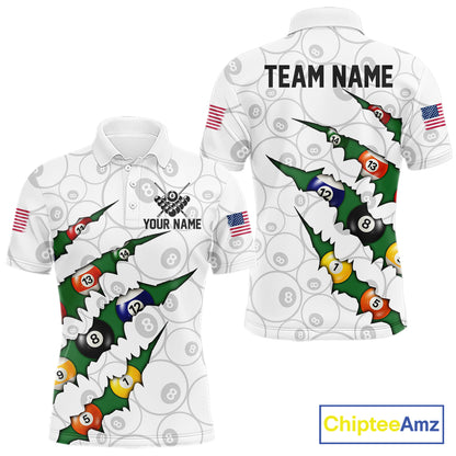 Custom Green 8 Ball Pool Scratch Billiard Shirt For Men, White Billiard Team Jersey Polo & 1/4 Zip TDM6440