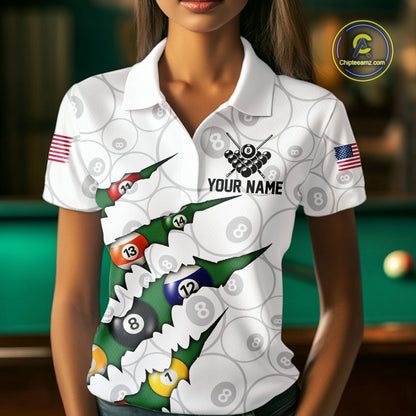 Custom Green 8 Ball Pool Scratch Billiard Shirt For Women, White Billiard Team Jersey Polo & 1/4 Zip TDM6440